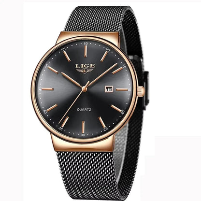 Montre pour homme LIGE, modèle élégant et luxueux, ultra-fin, étanche, avec bracelet en maille, mouvement à quartz, affichage de la date et calendrier – idéale pour un style professionnel.