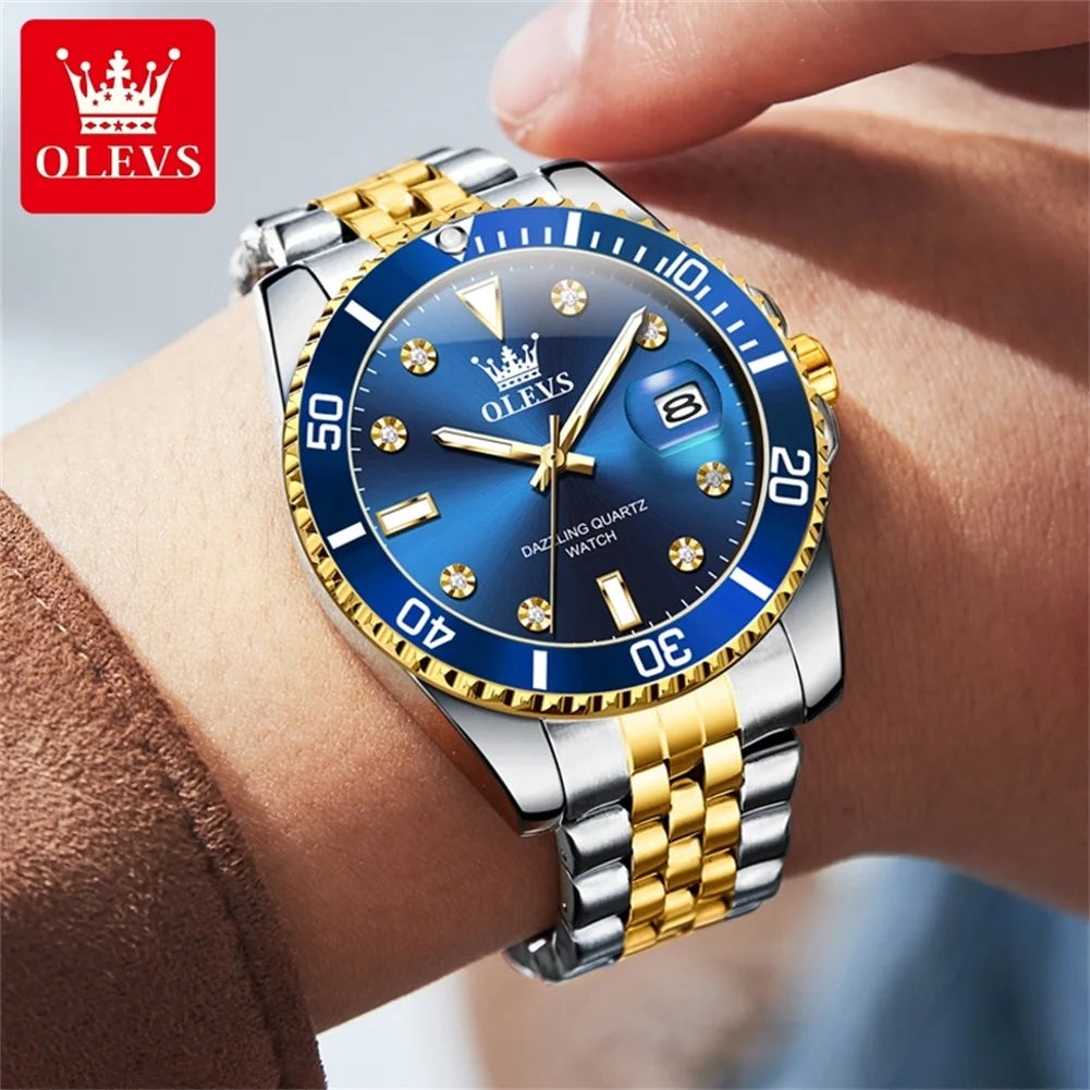 Montre pour homme OLEVS – Montre de luxe, style professionnel, étanche, avec affichage de la date, aiguilles luminescentes, boîtier en acier inoxydable et cadran bleu – Montre à quartz
