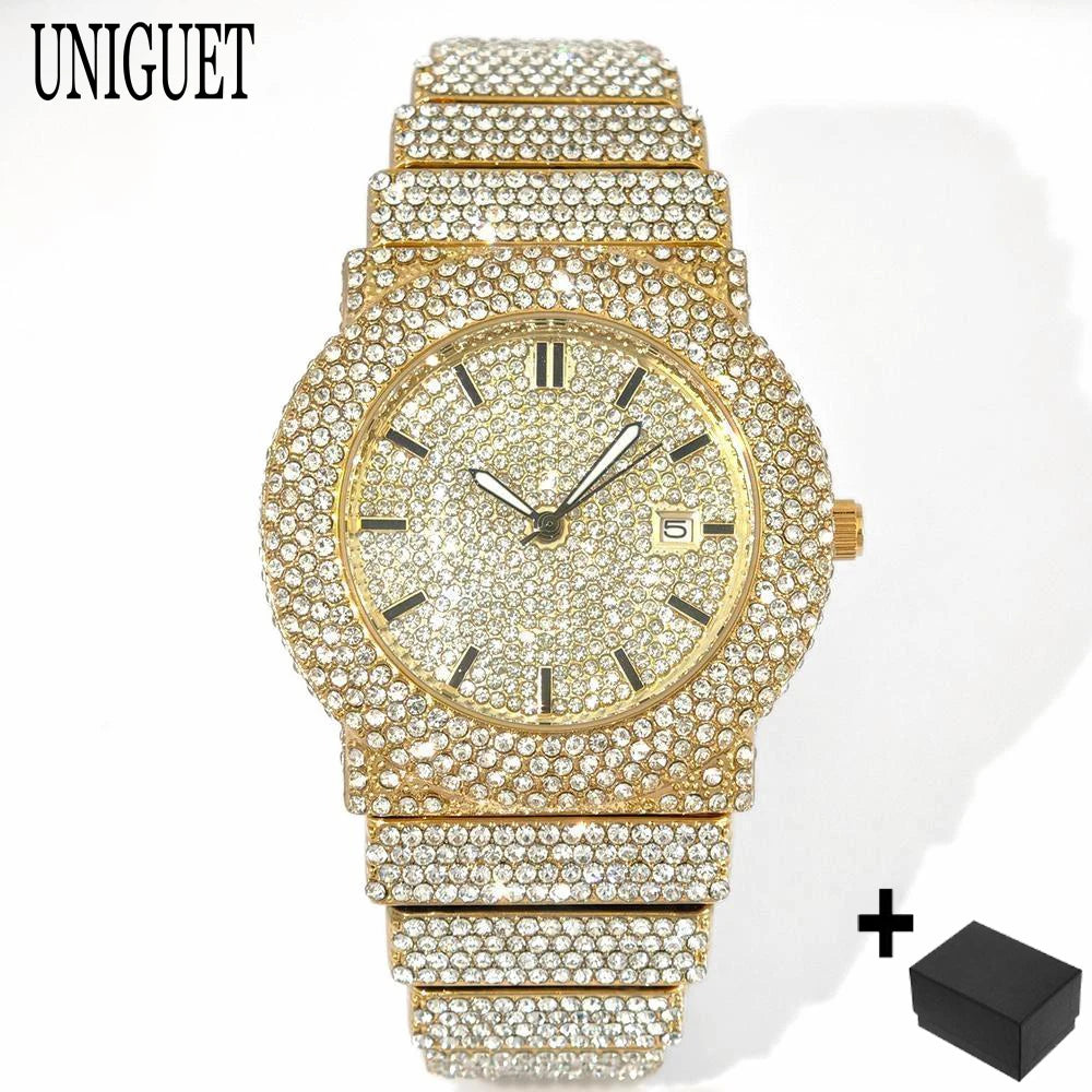 2025 UNIGUET Men's Fashion Iced Watches Luxury Hip Hop Full Diamond Jewelry Quartz Waterproof Business Wrist Watch for Men New