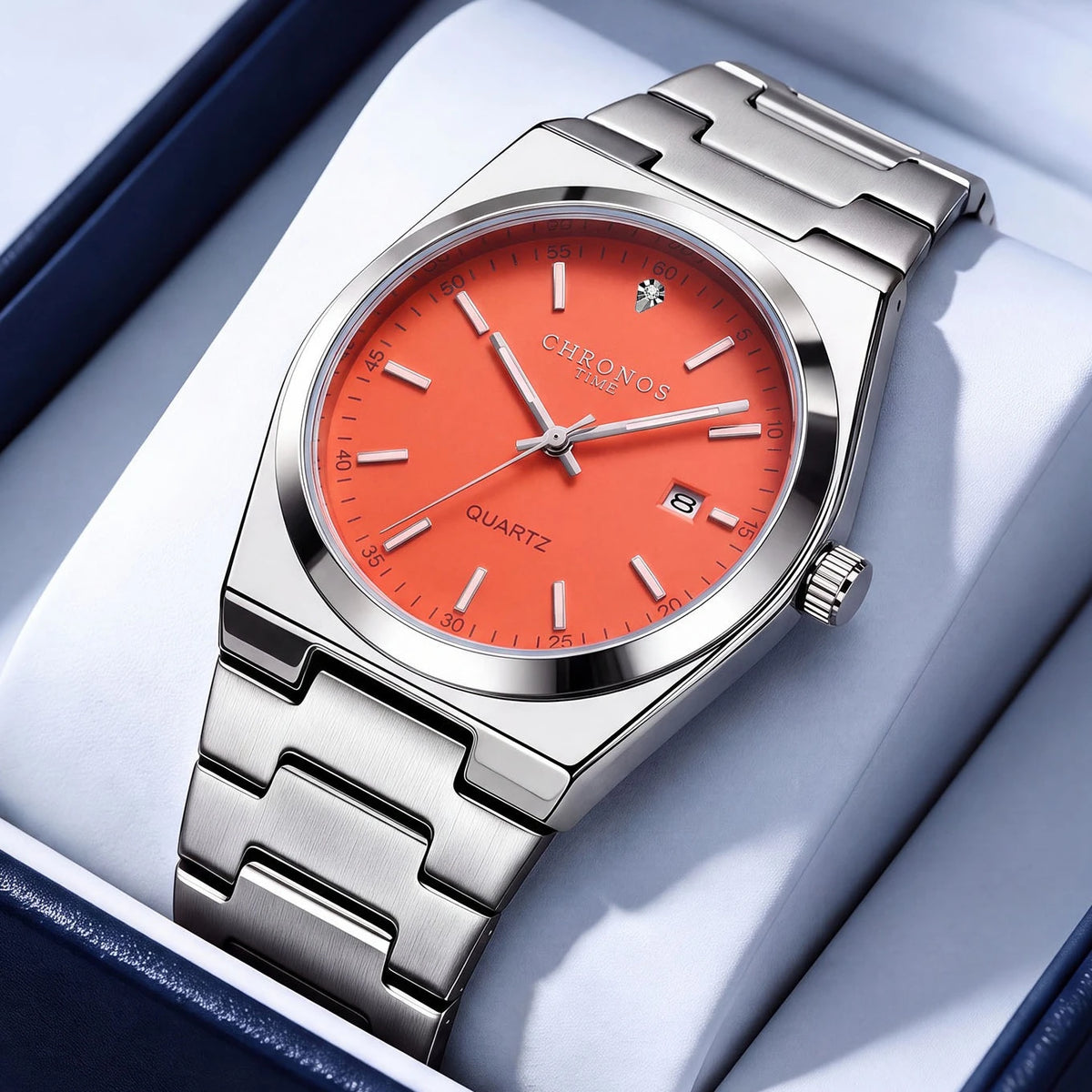 Relógio de quartzo para homem CHRONOS – Bracelete em aço inoxidável, resistente à água, ponteiros luminescentes, indicador de data – Ideal para o trabalho, o desporto ou o dia a dia