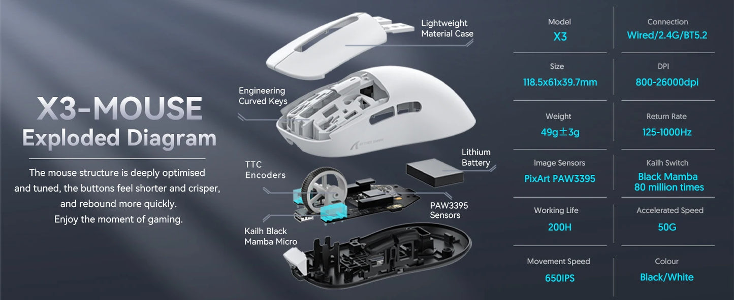 ATTACK SHARK X3 lätt trådlös gamingmus, 49g Tri-Mode, PAW3395 26K DPI-sensor, 200h batteritid, 5 programmerbara knappar
