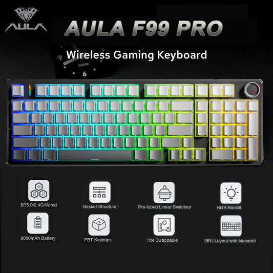 AULA F99 Pro E-sports Gaming Mechanical Keyboard Three Mode RGB Hot Swappable 96% PBT Custom Wireless Keyboard with Media Knob