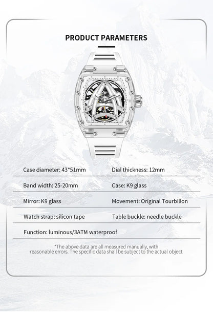 PINDU Designer Hollow Tonneau Mechanical Watch Men Luxury Brand Skeleton Automatic Watches Mens Sport Silicone Wristwatch JH3105