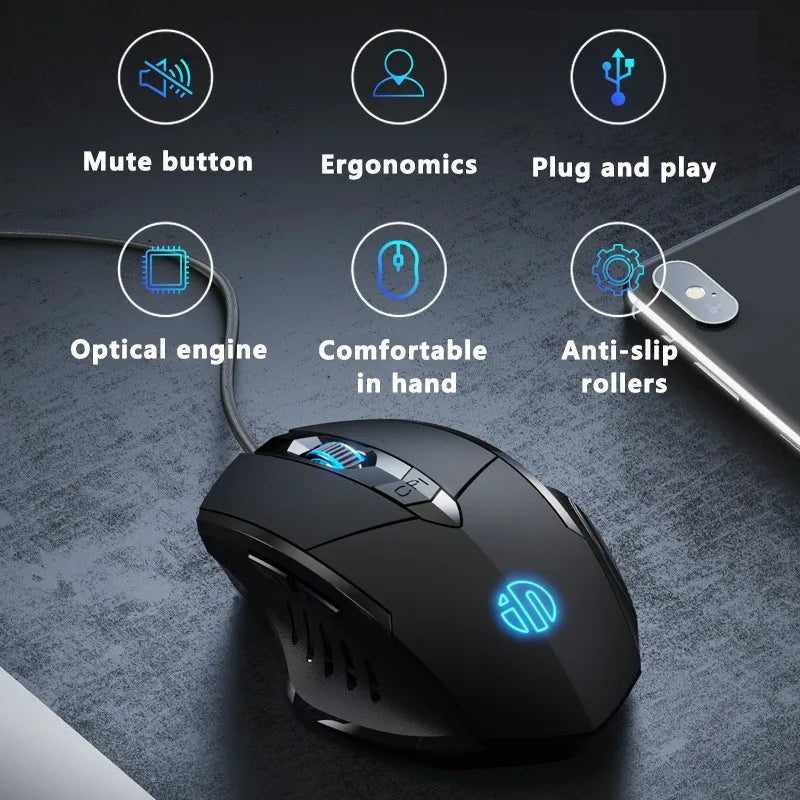 Кабелна мишка Inphic W1 Esports Gaming Mouse, безшумна офис мишка, опция с три или шест бутона