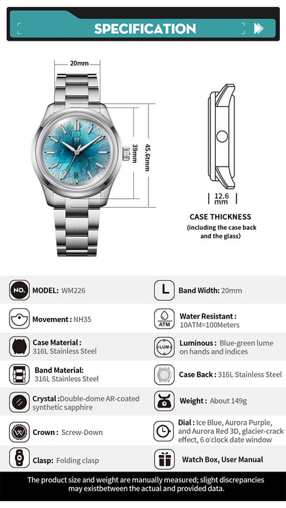 WM Watch Automatic Mechanical Watch NH35 Glacier Series 100M Waterproof AR Coated Sapphire Welly Merck Watches For Man WM226