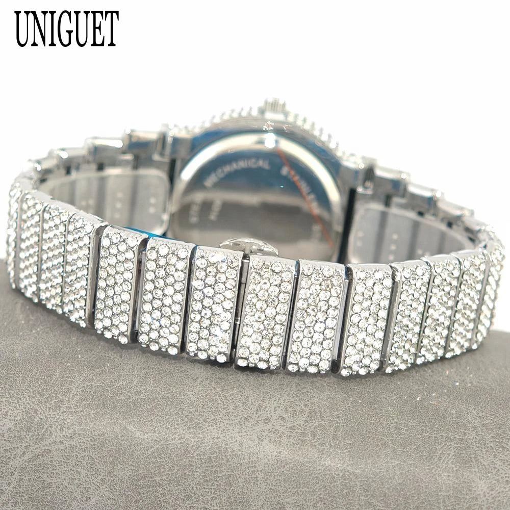 2025 UNIGUET Men's Fashion Iced Watches Luxury Hip Hop Full Diamond Jewelry Quartz Waterproof Business Wrist Watch for Men New