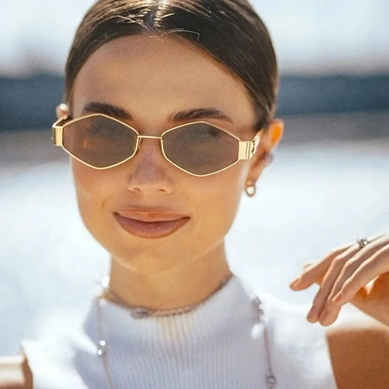 Fashion Hexagon Sunglasses for Women Retro Gold Frame Beach Vacation Travel Driving Glasses