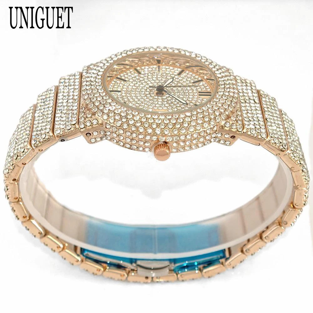 2025 UNIGUET Men's Fashion Iced Watches Luxury Hip Hop Full Diamond Jewelry Quartz Waterproof Business Wrist Watch for Men New