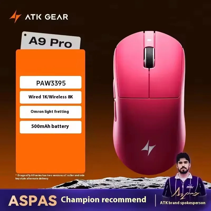 Bezdrátová herní myš ATK A9 s technologií NearLink, ergonomická, PAW3395, třírežimové Bluetooth, nízká latence, e-sportovní myš pro PC