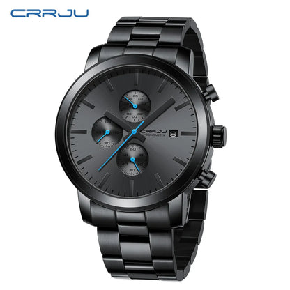 Relógio para homem CRRJU – Cronógrafo em aço inoxidável, estanque, com indicador de data, movimento analógico de quartzo, estilo elegante e profissional