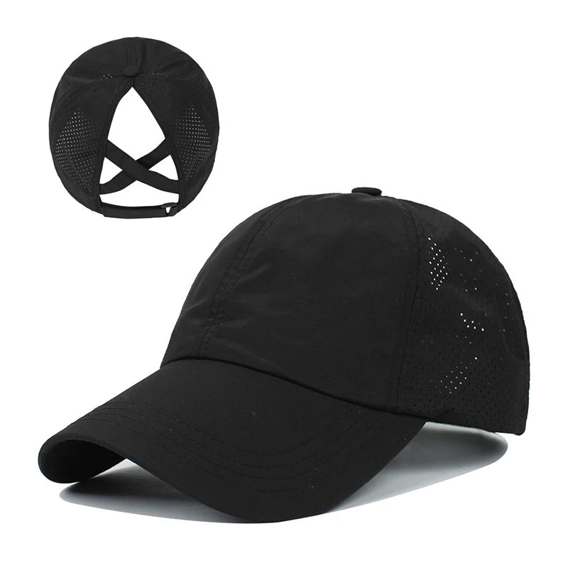 Women Summer Baseball Cap Solid Color Cross Ponytail Hat Quick-Drying Half-Hollow Men Caps Golf Wear Sport Leisure Hat 6 Colors