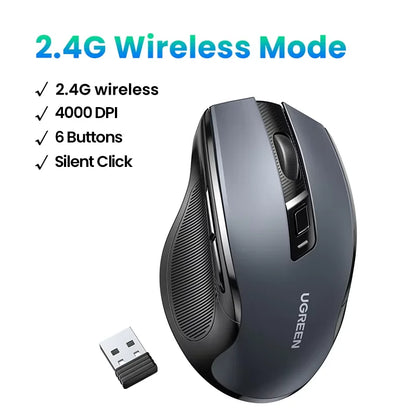 UGREEN belaidė pelė Bluetooth5.0, ergonomiška 4000DPI pelė su 6 tyliais mygtukais, skirta MacBook, planšetėms, nešiojamiesiems kompiuteriams, kompiuteriams ir PC, 2.4G pelė