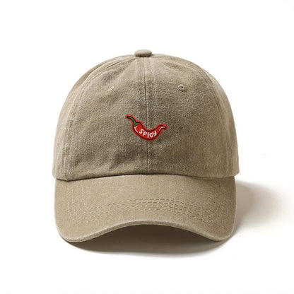 1pc Retro Washed Baseball Caps for Women,with Chili Pepper Embroidery,Adjustable Snapback,Lightweight Breathable for Daily Wear