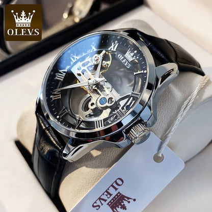 OLEVS Skeleton Automatic Mechanical Watch Men Leather Strap Luminous Waterproof Luxury Business Wristwatch For Man 6661