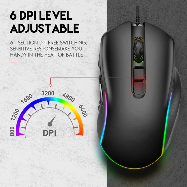 Kancelářská herní myš s kabelem 7200DPI, RGB podsvícení, 6 nastavitelných úrovní DPI, 10 programovatelných tlačítek, tlačítko návratu na plochu