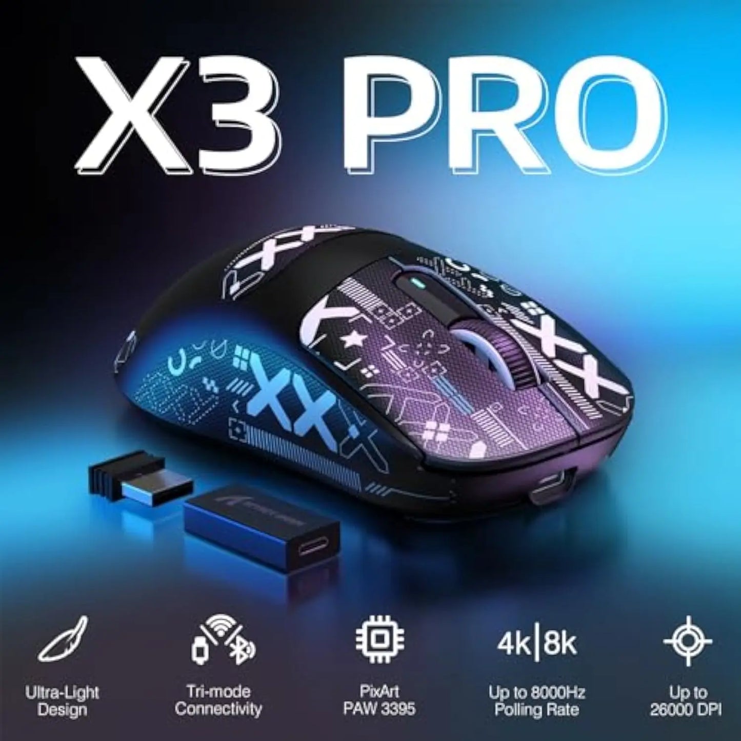 Mysz gamingowa Attack Shark X3Pro Wireless Bluetooth PixArt PAW3395 26000dpi, optyczna mysz z połączeniem Tri-Mode i makrami