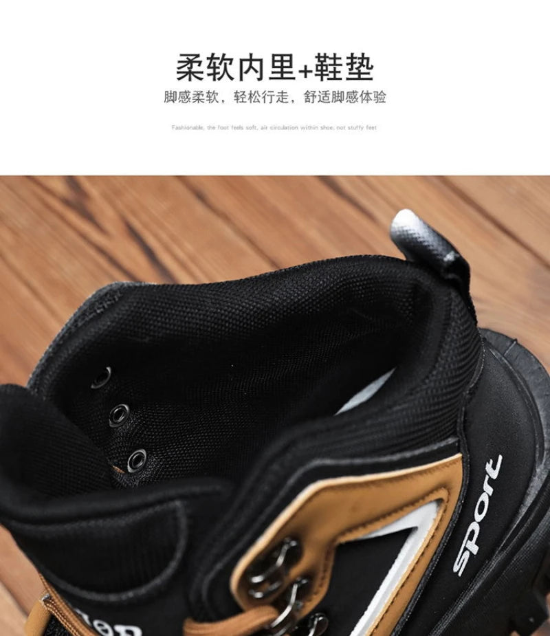 Black And Tan Mid Top Hiking Boots Suede And Leather Platform Sneakers Non Slip Outdoor Casual Shoes With Rugged Sole For All