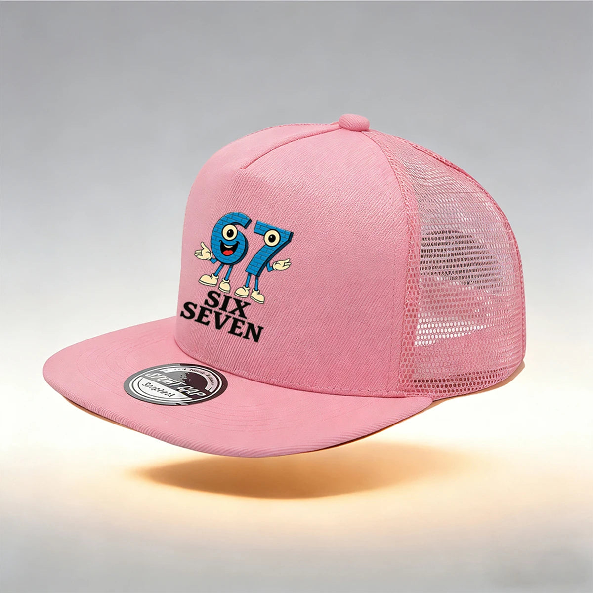 1/2PC Flat Brim Mesh Trucker Hat, Breathable, Cartoon 67 SIX SEVEN Anthropomorphic Print, Retro Streetwear for Men Women