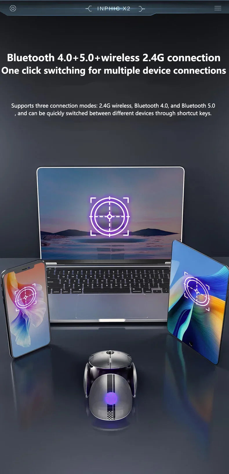 Inphic X2 trostruki način rada metalni Bluetooth bežični miš, tihi, punjivi, s e-sport pozadinskim osvjetljenjem, gaming dodatak za PC i prijenosna računala, poklon