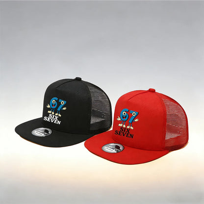 1/2PC Flat Brim Mesh Trucker Hat, Breathable, Cartoon 67 SIX SEVEN Anthropomorphic Print, Retro Streetwear for Men Women