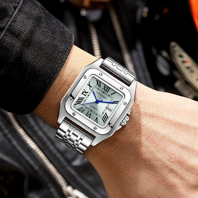 High-End Business Series Men's Watches, Fully Automatic Mechanical Watches, Skeleton Design, Butterfly Clasp Stainless Steel Strap, High-End Luxury Small Square Men's Watches, Fashionable Business Casual Multifunctional Men's