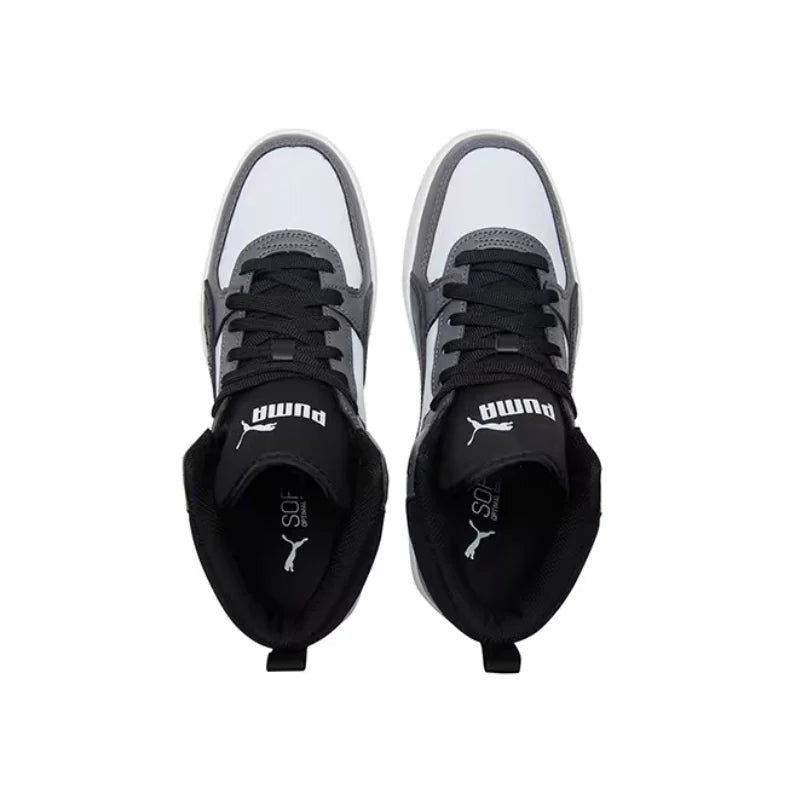 Baskets basses décontractées Puma Rebound Joy, offrant un maintien optimal, une coupe ajustée, une grande durabilité, un confort et un amorti (unisexe), en gris et noir, modèle 387875-01.