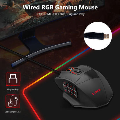E-YOOSO X-39 programmerbar gamingmus, trådbunden RGB-mus med 18 knappar, 8 avtagbara vikter, 5 DPI, ergonomiskt grepp för dator