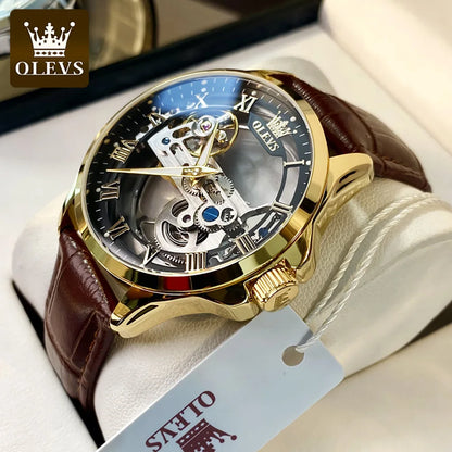 OLEVS Skeleton Automatic Mechanical Watch Men Leather Strap Luminous Waterproof Luxury Business Wristwatch For Man 6661