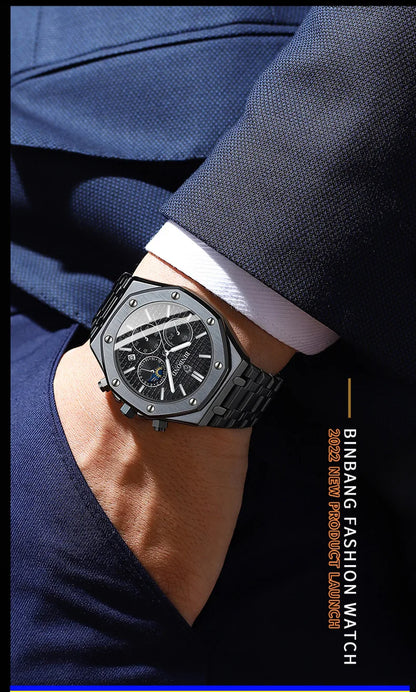 BINBOND 0161 Brand Man Quartz Watch Luxury Luminous Chronograph Wristwatch Stainless Steel Waterproof Men Date Calendar Clock