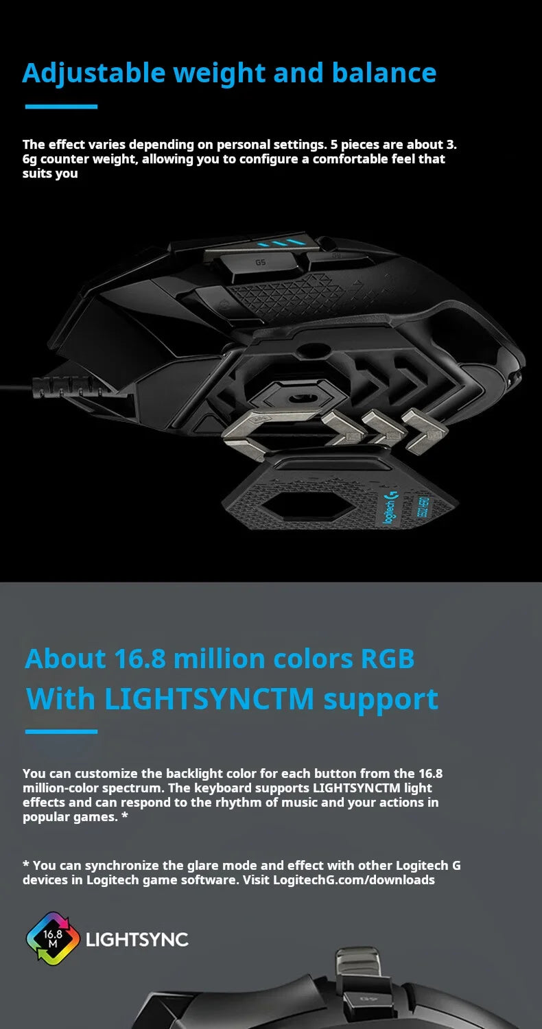 Herní myš Logitech G502 HERO s kabelem, e-sportovní mechanická myš s RGB osvětlením a nastavitelným vyvážením pro „Eat Chicken“, programovatelná makra