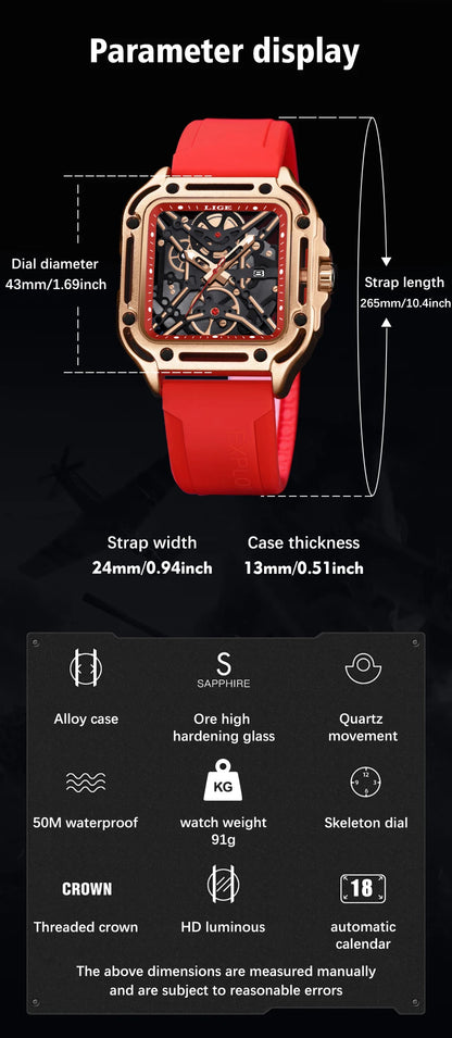LIGE New Fashion Men Watches Luxury Large Dial Square Design Quartz Watch Casual Silicone Band Men's Sports Watches Reloj Hombre