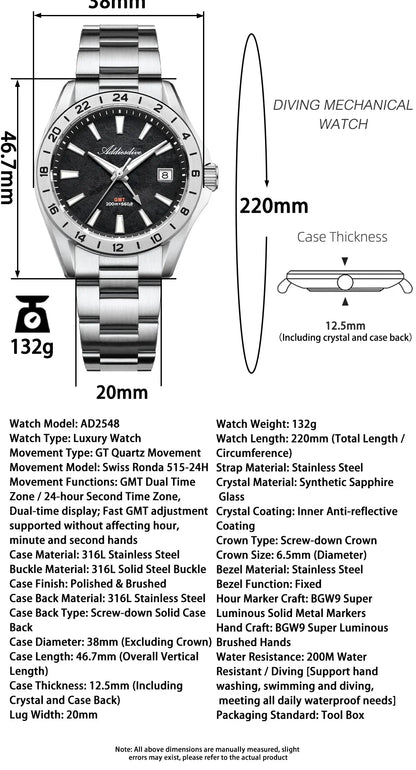 ADDIESDIVE Luxury Swiss Ronda GMT Watch 200M Water Resistant Dual Time Zone BGW9 Luminous 38mm Stainless Steel Quartz Movement