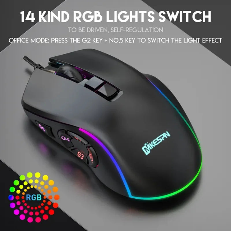 Kancelářská herní myš s kabelem 7200DPI, RGB podsvícení, 6 nastavitelných úrovní DPI, 10 programovatelných tlačítek, tlačítko návratu na plochu