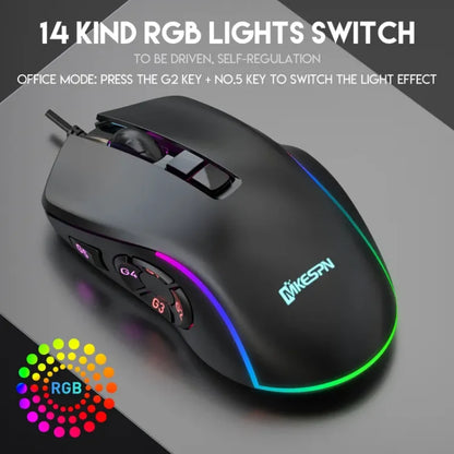 Kancelářská herní myš s kabelem 7200DPI, RGB podsvícení, 6 nastavitelných úrovní DPI, 10 programovatelných tlačítek, tlačítko návratu na plochu