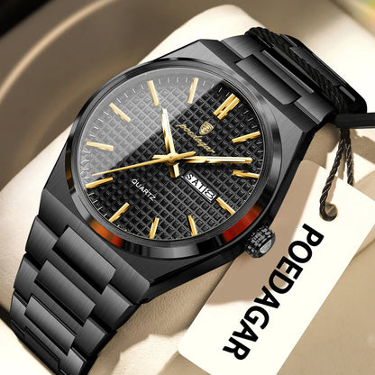 Montre-bracelet de luxe pour homme POEDAGAR, étanche, lumineuse, en acier inoxydable, avec date et jour de la semaine, à quartz, style business.