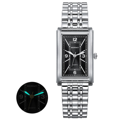 Montre carrée pour homme BERNY – Mouvement à quartz, cadran à chiffres romains, affichage luminescent, boîtier en acier inoxydable 316L – Montre rectangulaire élégante et décontractée