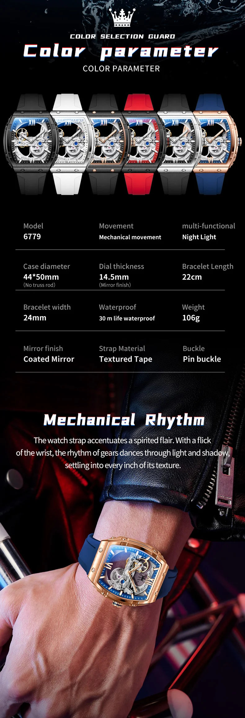 OLEVS 6779 Mens Watch Skeleton Mechanical Watch Fashion Business Sport Waterproof Luminous Silicone Strap Watches For Men