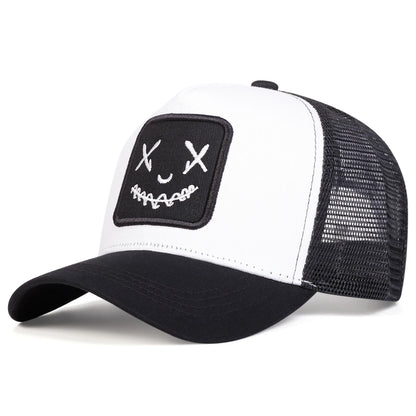 Uomo Donna Cappellini da baseball con ricamo a forma di faccina sorridente in cotone, regolabili con chiusura a scatto, cappellini Hip Hop in rete, cappellini estivi da esterno, cappellini da sole, cappellini da papà