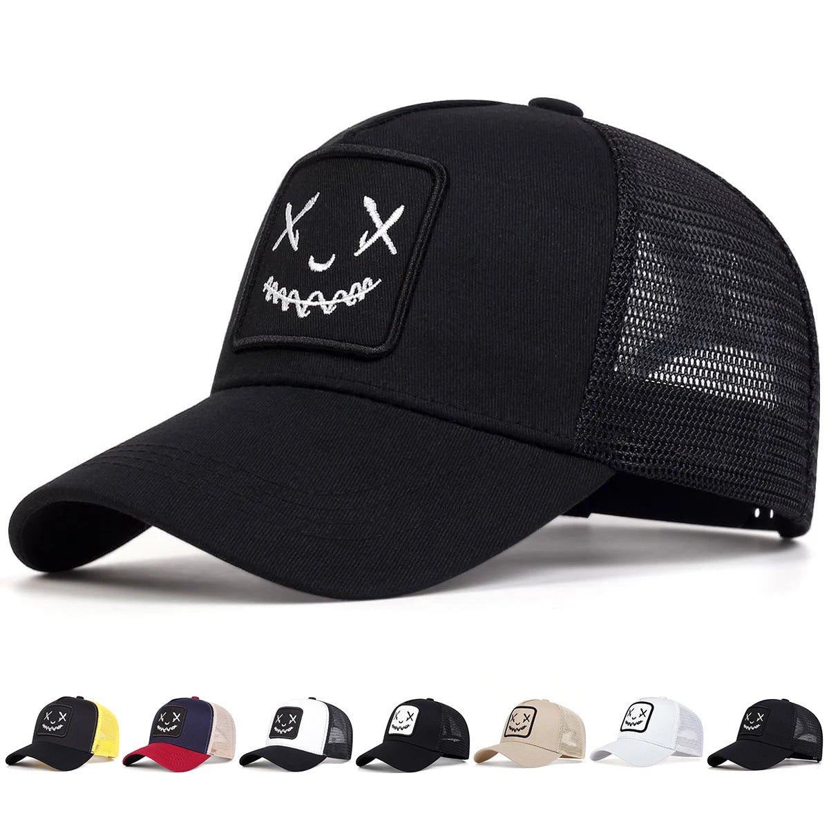 Uomo Donna Cappellini da baseball con ricamo a forma di faccina sorridente in cotone, regolabili con chiusura a scatto, cappellini Hip Hop in rete, cappellini estivi da esterno, cappellini da sole, cappellini da papà