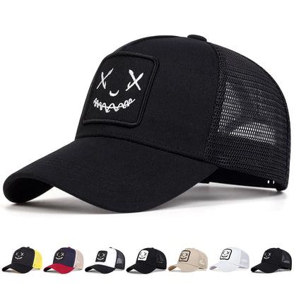 Uomo Donna Cappellini da baseball con ricamo a forma di faccina sorridente in cotone, regolabili con chiusura a scatto, cappellini Hip Hop in rete, cappellini estivi da esterno, cappellini da sole, cappellini da papà