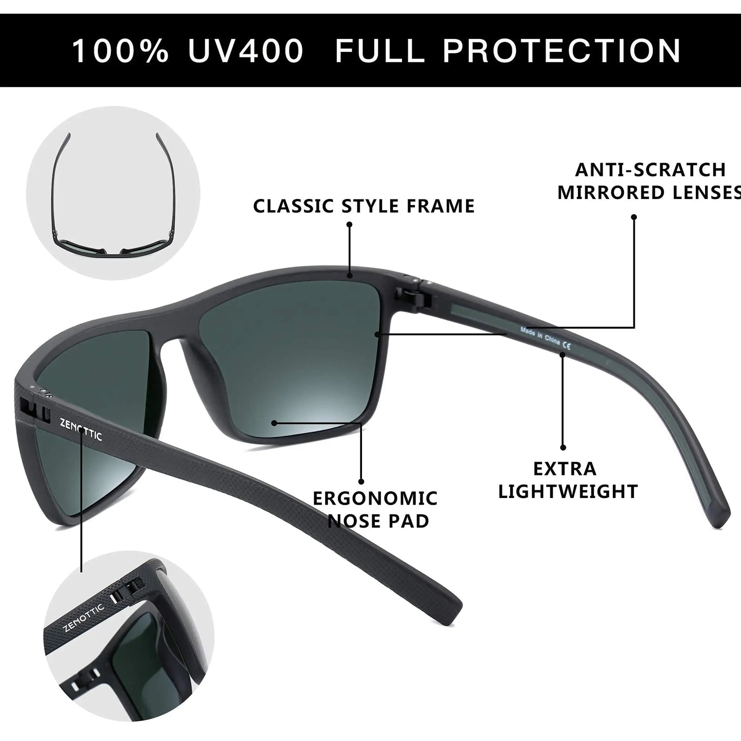 ZENOTTIC Polarized Sunglasses for Men Shades Lightweight TR90 Frame UV400 Protection Square Outdoor Trave Driving Sun Glasses