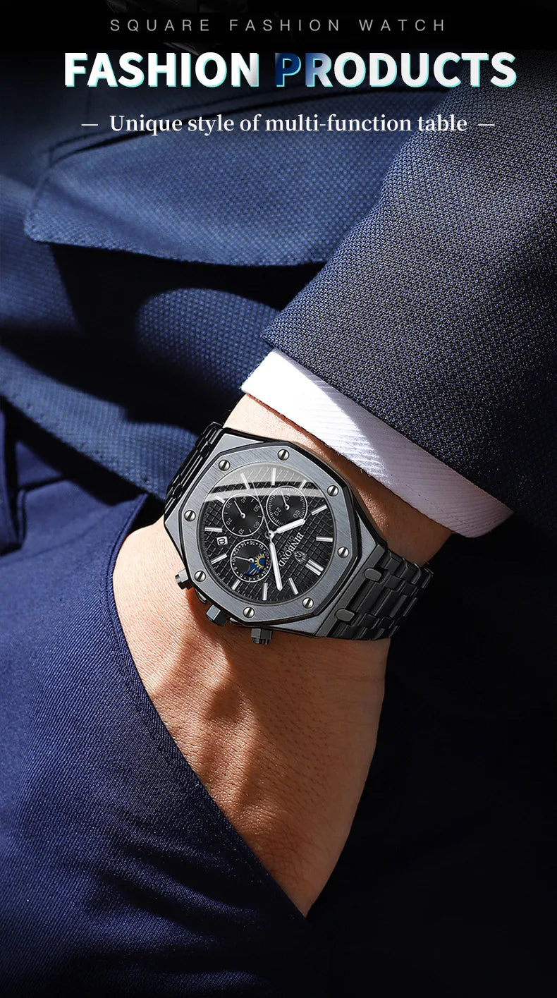BINBOND 0161 Brand Man Quartz Watch Luxury Luminous Chronograph Wristwatch Stainless Steel Waterproof Men Date Calendar Clock