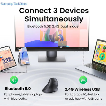 Trådløs mus Bluetooth 5.0 2.4G ergonomisk 4000DPI med 6 lydløse knapper til MacBook, tablet, bærbare computere, computer og PC