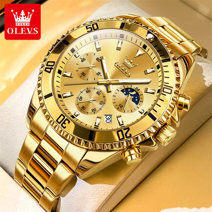 Montre OLEVS pour homme, marque de luxe, montre militaire à quartz dorée, étanche, date lumineuse, boîtier en acier inoxydable.