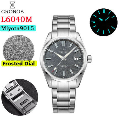 Cronos Men Watch 39mm Automatic Miyota 9015 Movement Wristwatches White Dial Birch Pattern Solid Links Sapphire 10 ATM L6040M