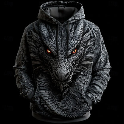 Pánská mikina s kapucí s retro dračím vzorem, 3D potisk, kreativní design, dlouhý rukáv, ležérní pulovr, stylová, cool, oversize, prodyšné oblečení