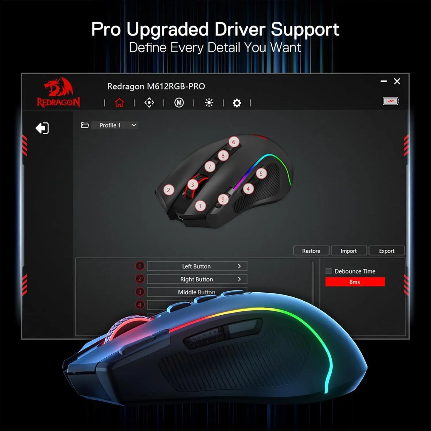 Redragon M612 PRO BT & 2.4RGB gaming miška, 8000 DPI, žična/brezžična optična gaming miška, 11 programabilnih gumbov in 6 načinov osvetlitve ozadja