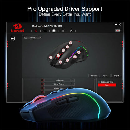 Redragon M612 PRO BT & 2.4RGB gaming miška, 8000 DPI, žična/brezžična optična gaming miška, 11 programabilnih gumbov in 6 načinov osvetlitve ozadja