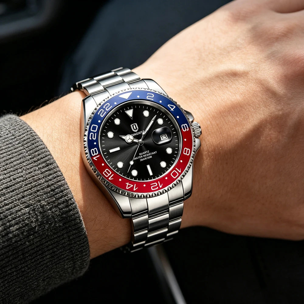 QINGXIYA Top Original Men Quartz Watches for Men Waterproof Calendar Stainless Steel Quartz Men Luxury Watch Luminous Wristwatch
