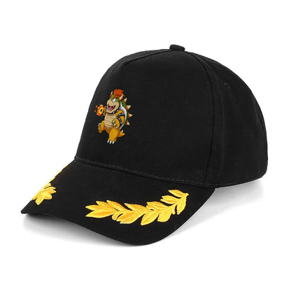 Bowser Embroidered Baseball Cap Black with Yellow Laurel Wreath Design Classic Adjustable Hat for Fans of Super Mario Series